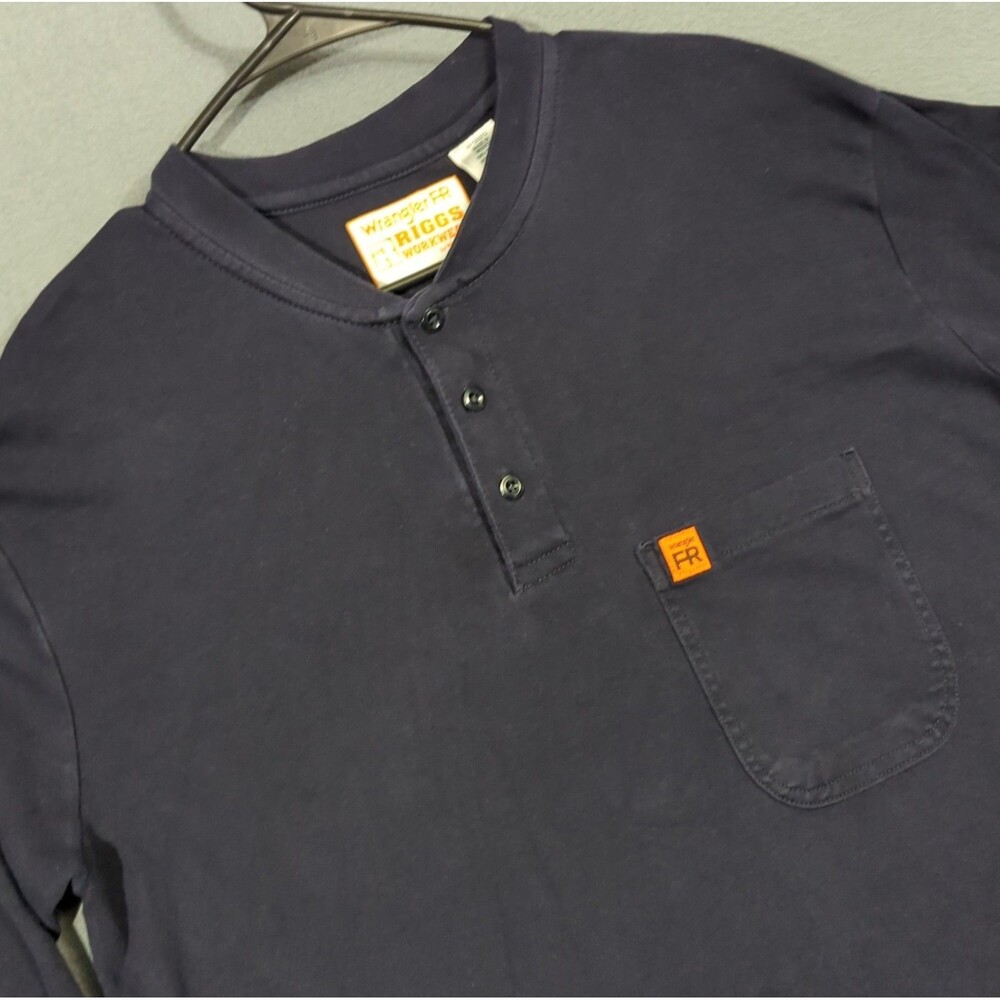 Wrangler Riggs FR Shirt Men's L Blue Henley Long Sleeve Workwear Welder